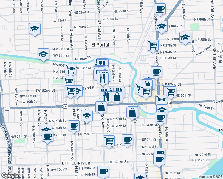 map of restaurants, bars, coffee shops, grocery stores, and more near 266 Northeast 82nd Street in Miami
