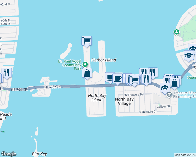 map of restaurants, bars, coffee shops, grocery stores, and more near 7900 Harbor Island Drive in Miami Beach