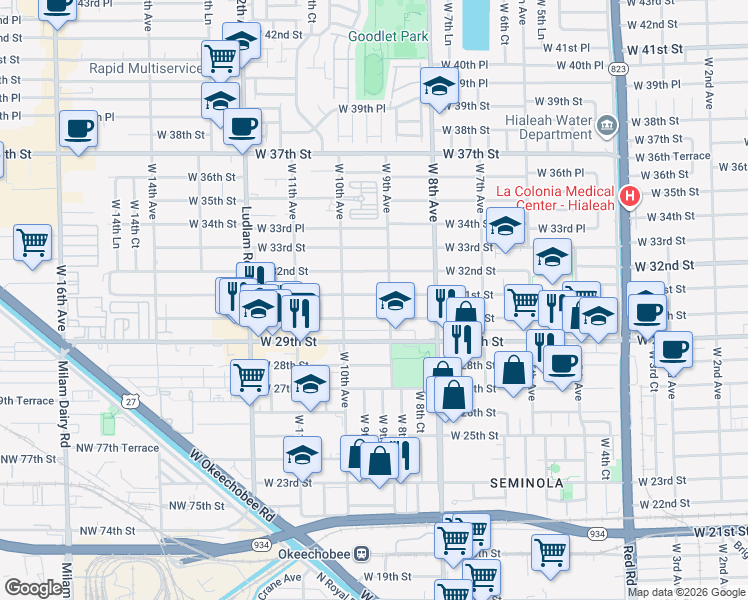 map of restaurants, bars, coffee shops, grocery stores, and more near 928 West 31st Street in Hialeah