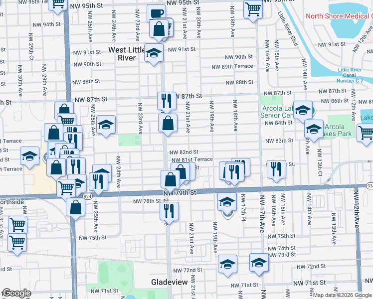 map of restaurants, bars, coffee shops, grocery stores, and more near 2101 Northwest 82nd Street in Miami