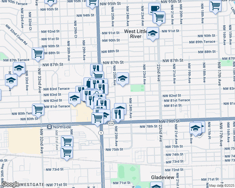 map of restaurants, bars, coffee shops, grocery stores, and more near 2475 Northwest 82nd Street in Miami