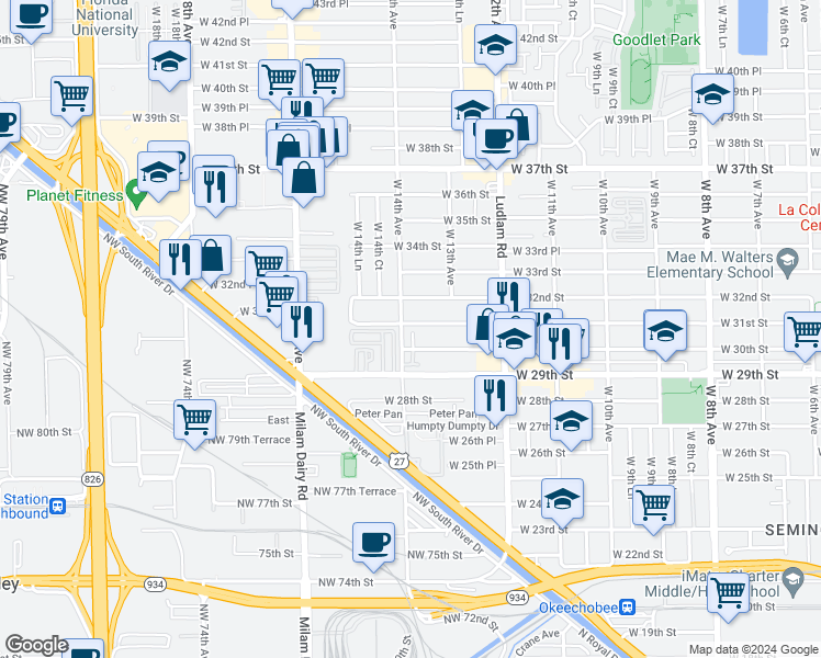 map of restaurants, bars, coffee shops, grocery stores, and more near 1383 13th Court in Hialeah