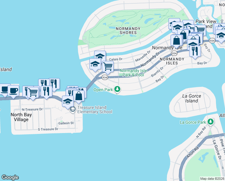 map of restaurants, bars, coffee shops, grocery stores, and more near 1910 Bay Drive in Miami Beach