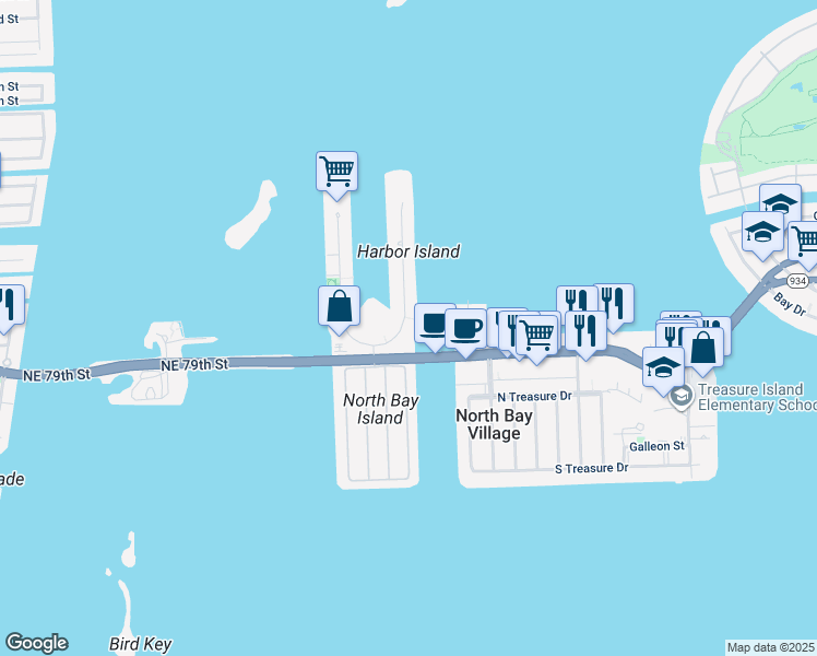 map of restaurants, bars, coffee shops, grocery stores, and more near 7905 East Drive in North Bay Village