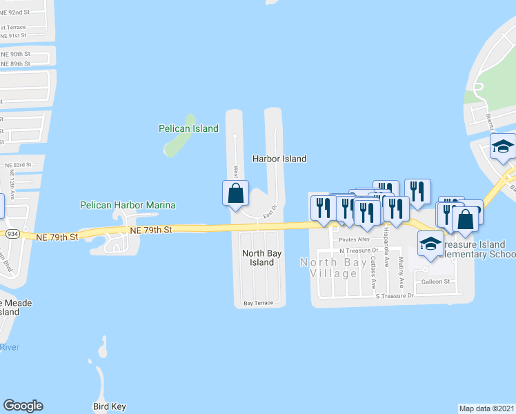 map of restaurants, bars, coffee shops, grocery stores, and more near 7900 Harbor Island Drive in North Bay Village