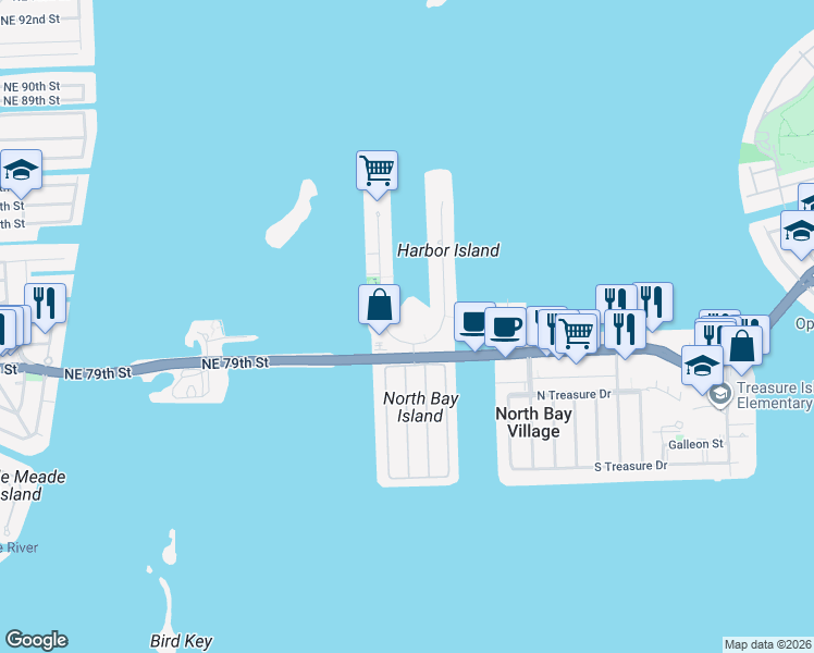 map of restaurants, bars, coffee shops, grocery stores, and more near in North Bay Village