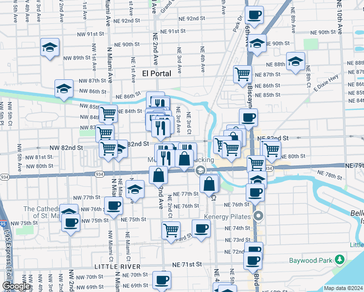 map of restaurants, bars, coffee shops, grocery stores, and more near 266 Northeast 82nd Street in Miami