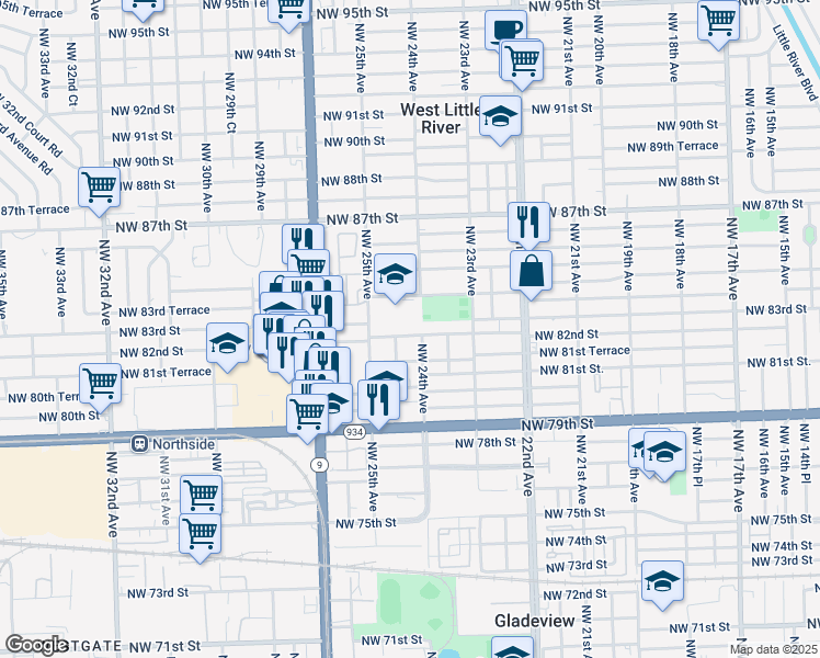 map of restaurants, bars, coffee shops, grocery stores, and more near 2413 Northwest 82nd Street in Miami