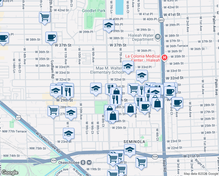 map of restaurants, bars, coffee shops, grocery stores, and more near 780 West 31st Street in Hialeah