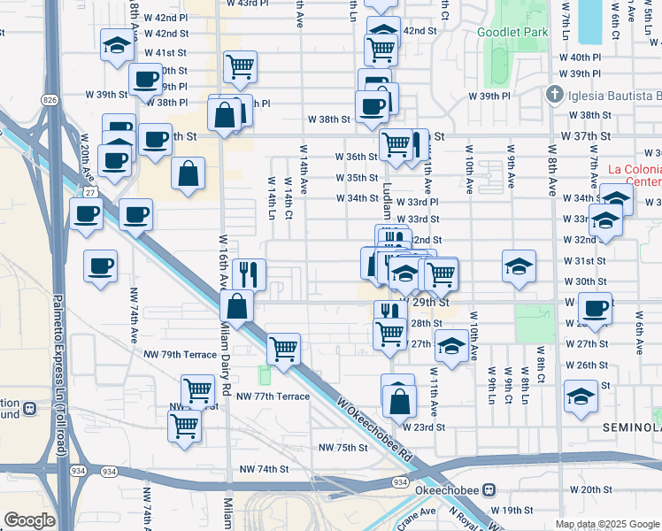 map of restaurants, bars, coffee shops, grocery stores, and more near 1300 West 31st Street in Hialeah