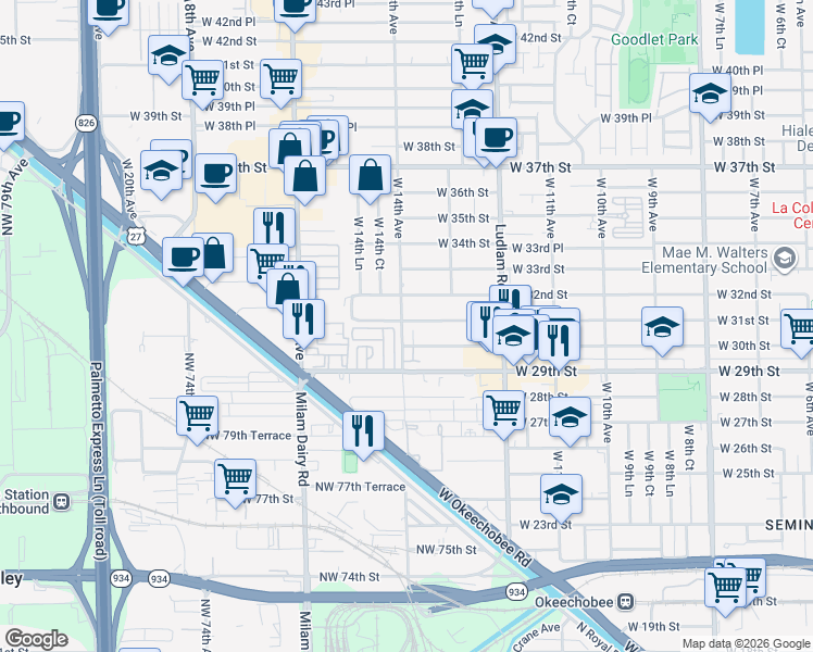 map of restaurants, bars, coffee shops, grocery stores, and more near 1383 13th Court in Hialeah