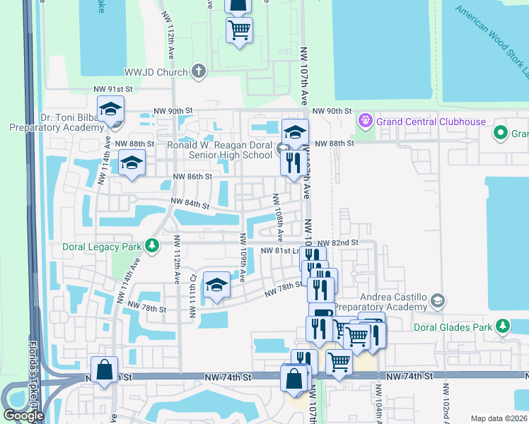 map of restaurants, bars, coffee shops, grocery stores, and more near 10820 Northwest 84th Street in Doral
