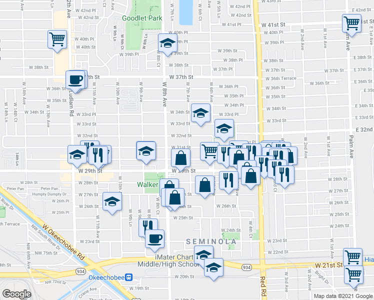 map of restaurants, bars, coffee shops, grocery stores, and more near 700 West 31st Street in Hialeah