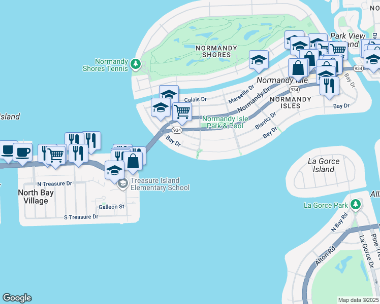 map of restaurants, bars, coffee shops, grocery stores, and more near 1910 Bay Drive in Miami Beach