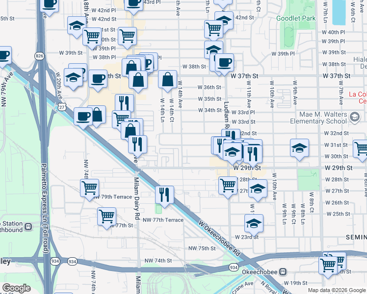 map of restaurants, bars, coffee shops, grocery stores, and more near 1383 13th Court in Hialeah