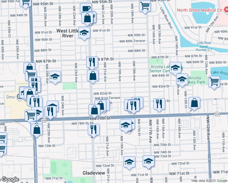 map of restaurants, bars, coffee shops, grocery stores, and more near 1939 Northwest 82nd Street in Miami