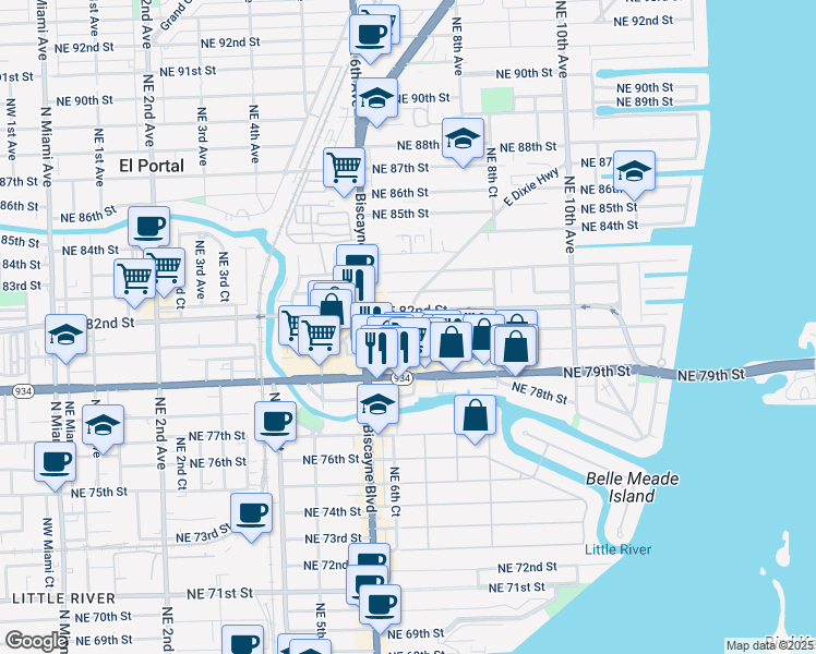 map of restaurants, bars, coffee shops, grocery stores, and more near 730 Northeast 81st Street in Miami