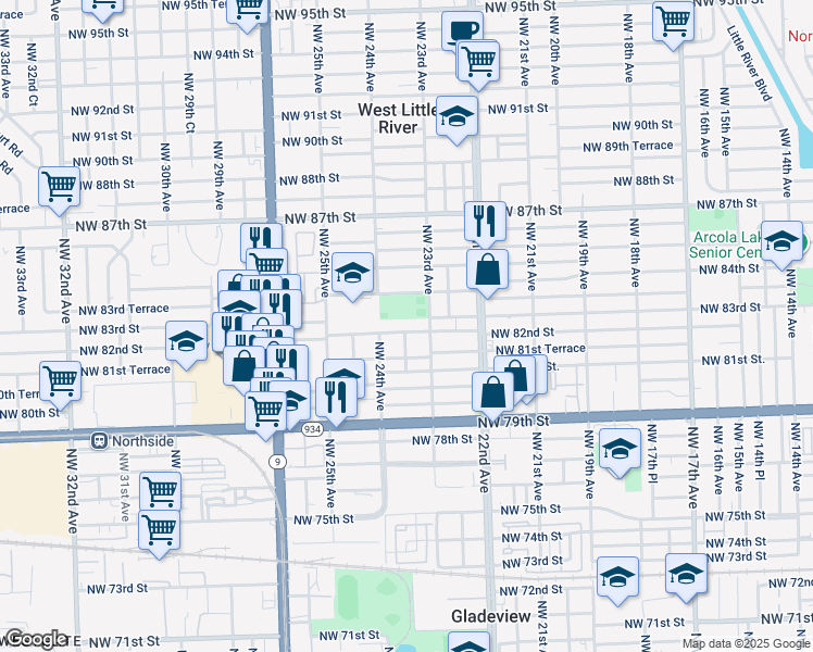 map of restaurants, bars, coffee shops, grocery stores, and more near 2341 Northwest 82nd Street in Miami