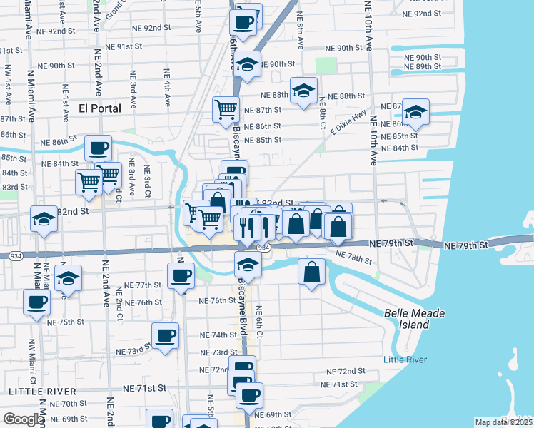 map of restaurants, bars, coffee shops, grocery stores, and more near 730 Northeast 81st Street in Miami