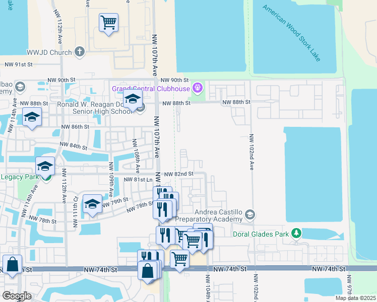 map of restaurants, bars, coffee shops, grocery stores, and more near 10472 Northwest 82nd Street in Doral