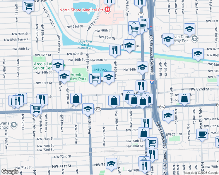 map of restaurants, bars, coffee shops, grocery stores, and more near 1037 Northwest 81st Street in Miami