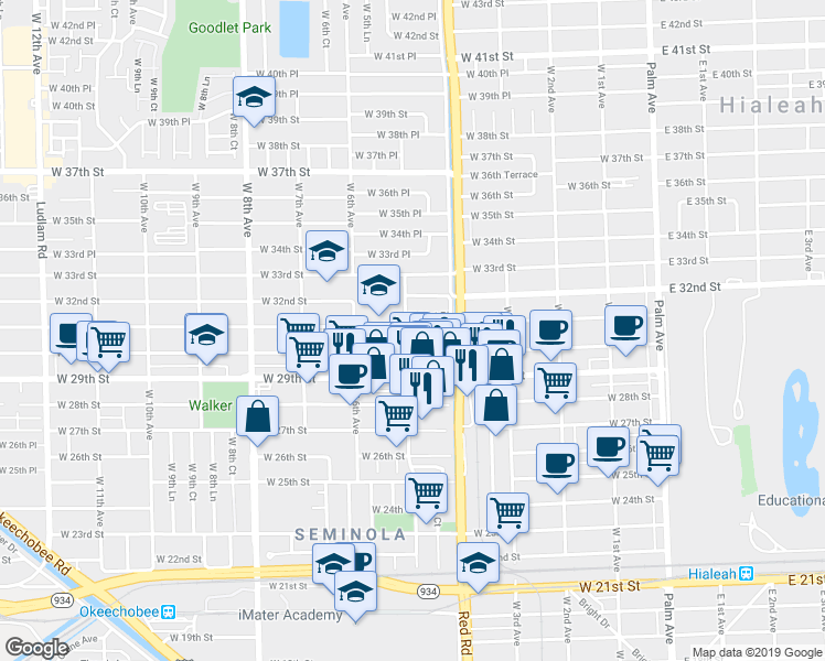 map of restaurants, bars, coffee shops, grocery stores, and more near 491 West 30th Place in Hialeah