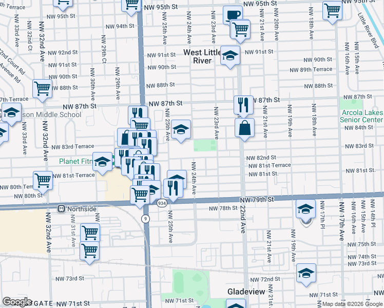 map of restaurants, bars, coffee shops, grocery stores, and more near 2413 Northwest 82nd Street in Miami