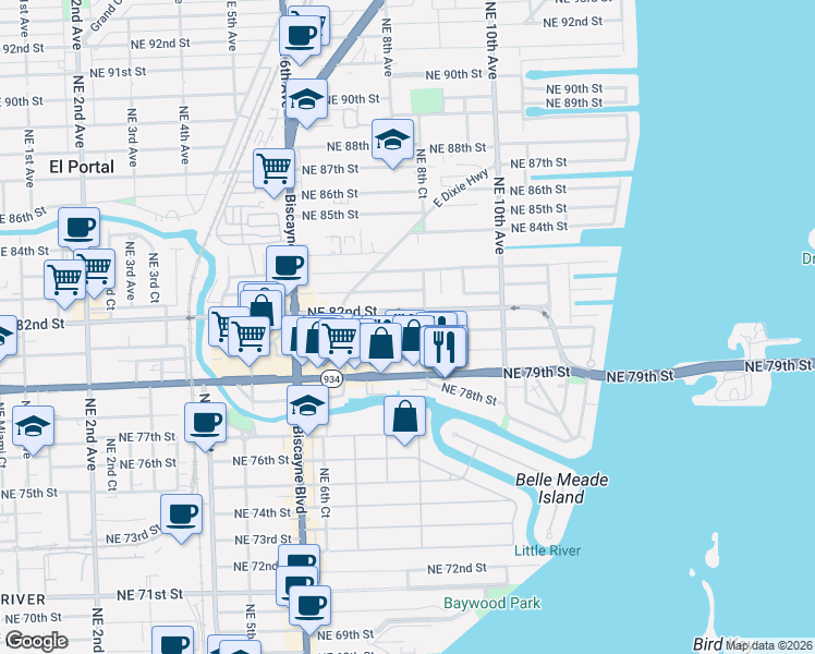 map of restaurants, bars, coffee shops, grocery stores, and more near 754 Northeast 81st Street in Miami