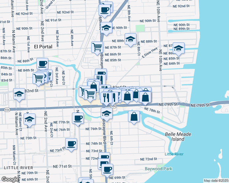 map of restaurants, bars, coffee shops, grocery stores, and more near 730 Northeast 81st Street in Miami