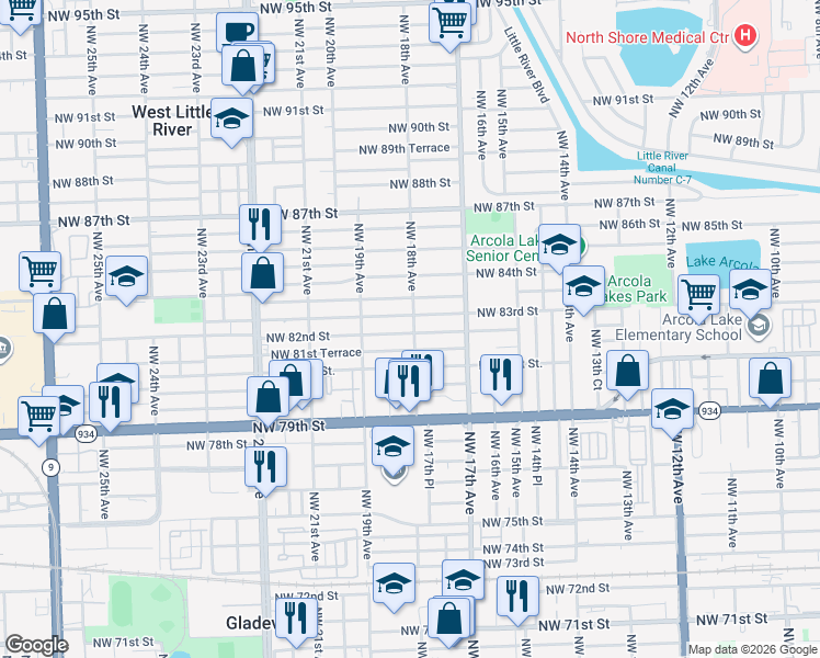 map of restaurants, bars, coffee shops, grocery stores, and more near 1790 Northwest 82nd Street in Miami