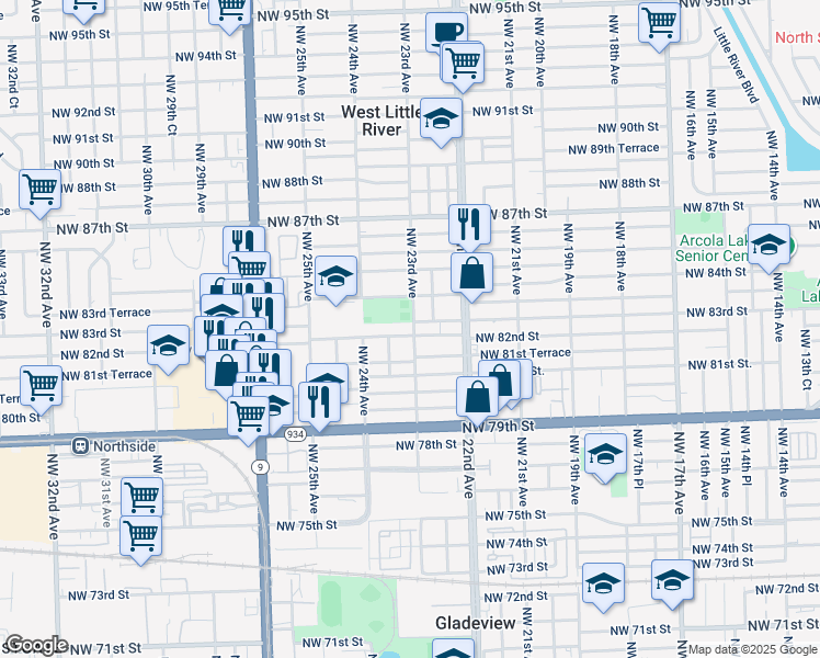 map of restaurants, bars, coffee shops, grocery stores, and more near 2341 Northwest 82nd Street in Miami