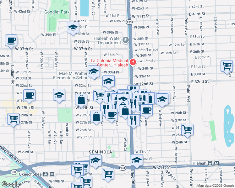 map of restaurants, bars, coffee shops, grocery stores, and more near 491 West 30th Place in Hialeah