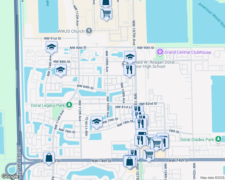 map of restaurants, bars, coffee shops, grocery stores, and more near 10868 Northwest 84th Street in Doral