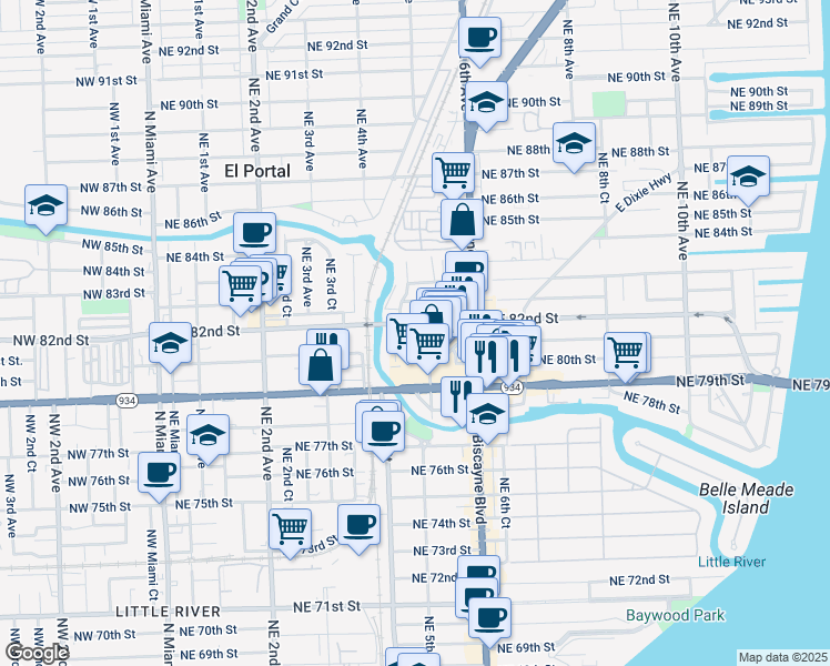 map of restaurants, bars, coffee shops, grocery stores, and more near 428 Northeast Little River Drive in Miami