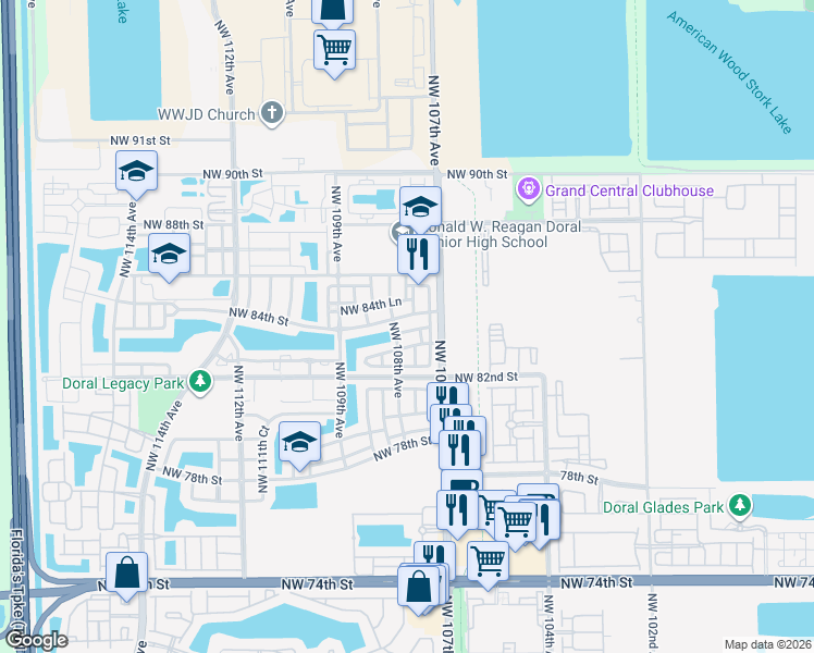 map of restaurants, bars, coffee shops, grocery stores, and more near 10763 Northwest 83rd Terrace in Doral