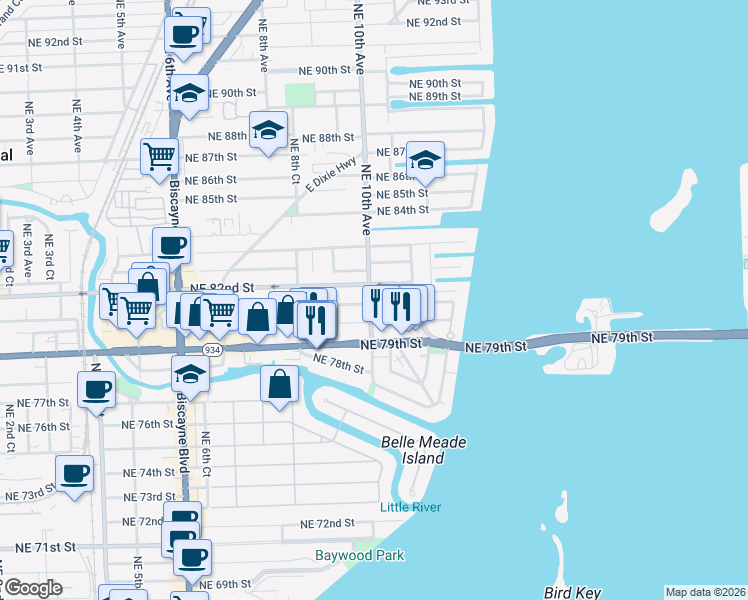 map of restaurants, bars, coffee shops, grocery stores, and more near 1045 Northeast 80th Street in Miami