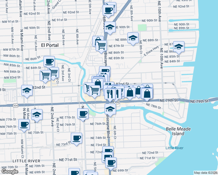 map of restaurants, bars, coffee shops, grocery stores, and more near 620 Northeast 81st Street in Miami