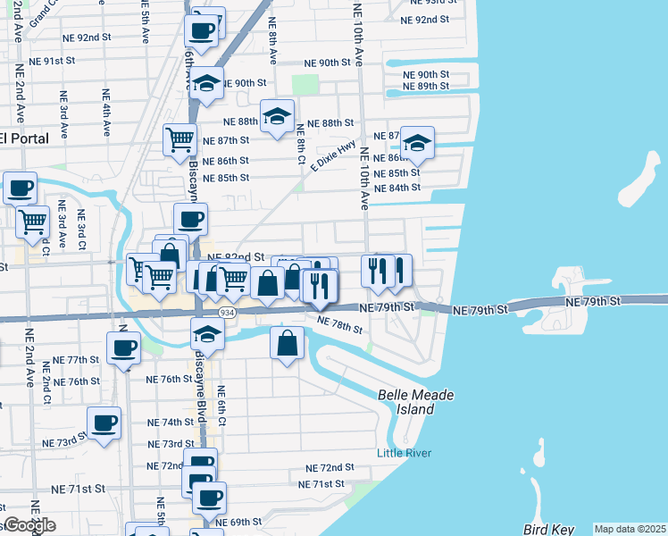 map of restaurants, bars, coffee shops, grocery stores, and more near 894 Northeast 81st Street in Miami