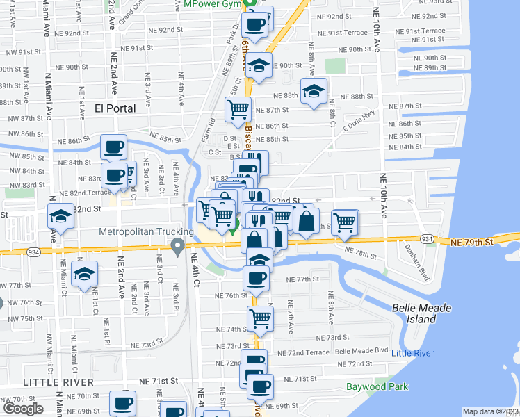 map of restaurants, bars, coffee shops, grocery stores, and more near 620 Northeast 81st Street in Miami