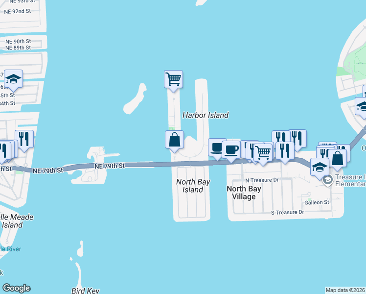 map of restaurants, bars, coffee shops, grocery stores, and more near 7908 West Drive in North Bay Village