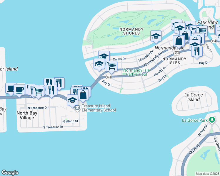 map of restaurants, bars, coffee shops, grocery stores, and more near 1990 Bay Drive in Miami Beach