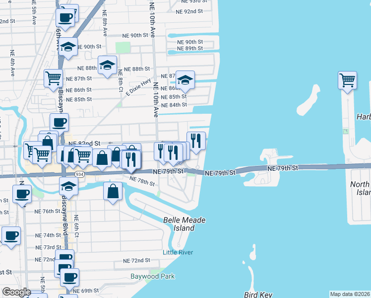 map of restaurants, bars, coffee shops, grocery stores, and more near 1150 Northeast 81st Street in Miami