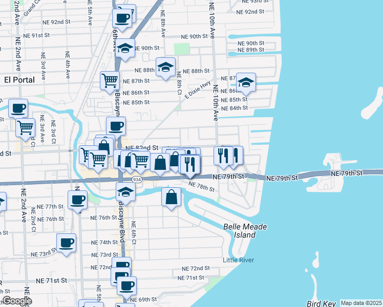 map of restaurants, bars, coffee shops, grocery stores, and more near 871 Northeast 81st Street in Miami
