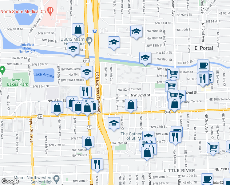 map of restaurants, bars, coffee shops, grocery stores, and more near 8125 Northwest 5 Avenue in Miami