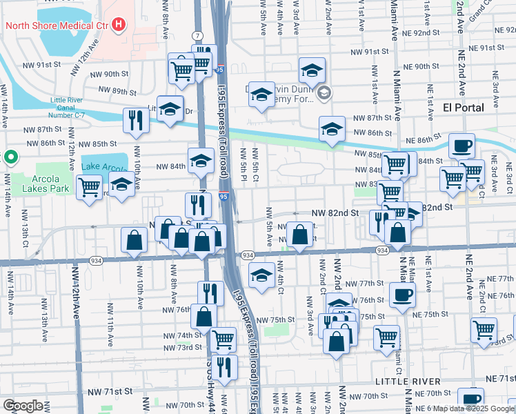 map of restaurants, bars, coffee shops, grocery stores, and more near in Miami Shores