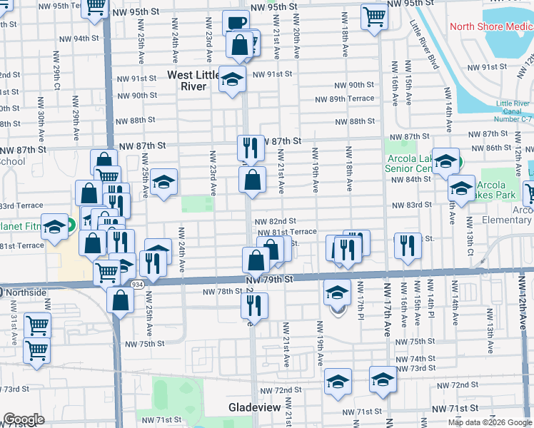 map of restaurants, bars, coffee shops, grocery stores, and more near 2101 Northwest 82nd Street in Miami