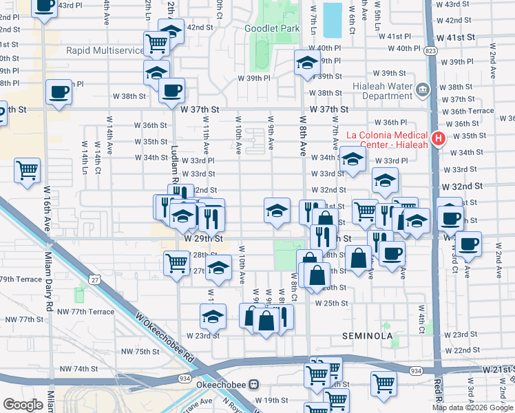 map of restaurants, bars, coffee shops, grocery stores, and more near 928 West 31st Street in Hialeah