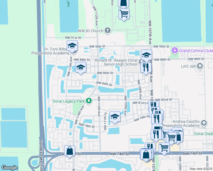 map of restaurants, bars, coffee shops, grocery stores, and more near 11076 Northwest 84th Street in Doral