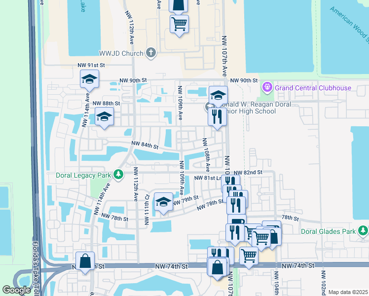 map of restaurants, bars, coffee shops, grocery stores, and more near 10868 Northwest 84th Street in Doral