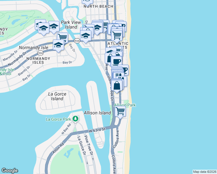 map of restaurants, bars, coffee shops, grocery stores, and more near 6580 Indian Creek Drive in Miami Beach